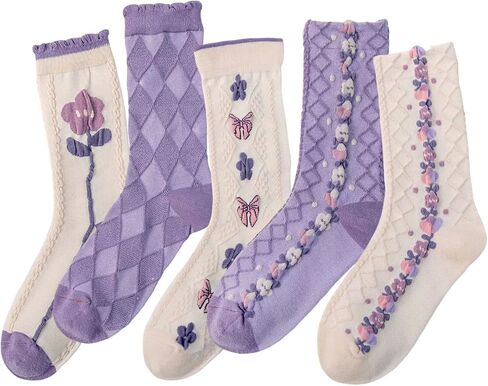Starella Women's Cute Floral Socks Ruffle Frilly Aesthetic 3D Flower Cotton Preppy Dress Sock 5 Pairs in Kuwait