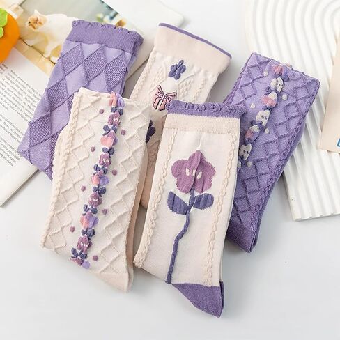 Starella Women's Cute Floral Socks Ruffle Frilly Aesthetic 3D Flower Cotton Preppy Dress Sock 5 Pairs in Kuwait