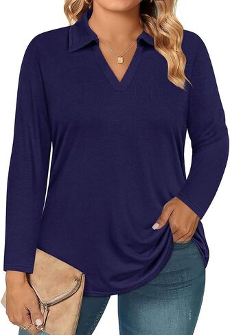 RITERA Plus Size Polo Shirts for Women Fall Long Sleeve V Neck Tops Casual Collared Blouses XL-5XL in Saudi Arabia