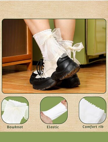 Geyoga 4 Pairs Women Ruffle Socks with Bow Soft Breathable Ankle Socks in Saudi Arabia