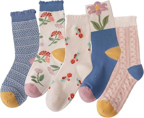 Starella Women's Cute Floral Socks Ruffle Frilly Aesthetic 3D Flower Cotton Preppy Dress Sock 5 Pairs in Kuwait
