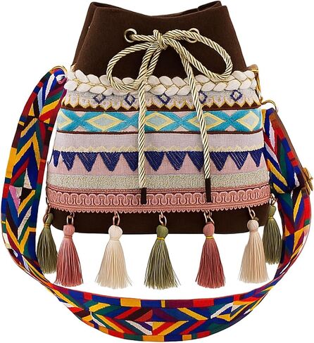 حقيبة دلو قماش الرباط مع Fringe - Boho المحافظ للنساء ، حقائب اليد Crossbody in Saudi Arabia