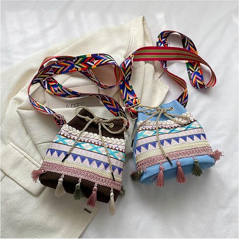 حقيبة دلو قماش الرباط مع Fringe - Boho المحافظ للنساء ، حقائب اليد Crossbody in Saudi Arabia