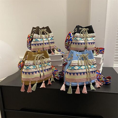حقيبة دلو قماش الرباط مع Fringe - Boho المحافظ للنساء ، حقائب اليد Crossbody in Saudi Arabia