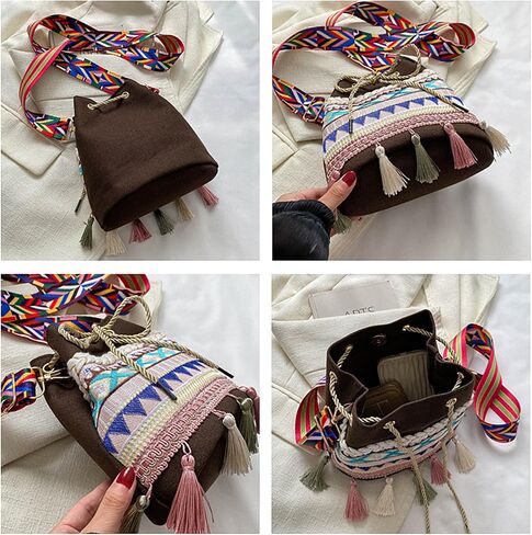 حقيبة دلو قماش الرباط مع Fringe - Boho المحافظ للنساء ، حقائب اليد Crossbody in Saudi Arabia