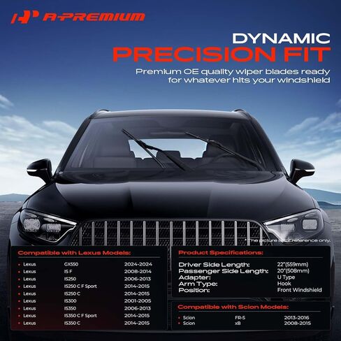 A-Premium Pack of 2 Windshield Wiper Blades with Wear Indicator & Towel - Compatible with Lexus IS F, IS250, IS300, IS350, IS350 C & Scion xB, FR-S - 22" and 20", Hook Connector, Left and Right in Saudi Arabia