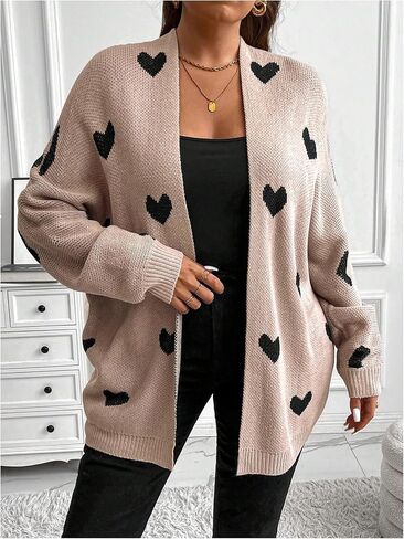 SOLY HUX Women's Plus Size Open Front Cardigan Sweaters Heart Graphic Long Sleeve Loose Sweater Outerwear in Saudi Arabia