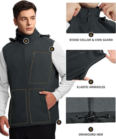 Mens Vests Outerwear Removable Hood Windproof Golf Vests for Men Softshell Sleeveless Jacket Men with 6 Pockets in Kuwait