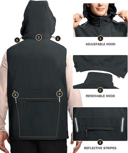 Mens Vests Outerwear Removable Hood Windproof Golf Vests for Men Softshell Sleeveless Jacket Men with 6 Pockets in Kuwait