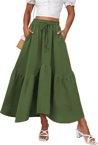 Zeagoo Women High Waisted Long Skirt Summer Flowy Drawstring Maxi Skirt Aline Patchwork Casual Loose Beach Skirt with Pocket in Kuwait