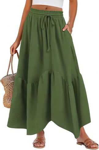 Zeagoo Women High Waisted Long Skirt Summer Flowy Drawstring Maxi Skirt Aline Patchwork Casual Loose Beach Skirt with Pocket in Kuwait