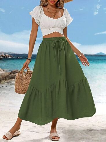 Zeagoo Women High Waisted Long Skirt Summer Flowy Drawstring Maxi Skirt Aline Patchwork Casual Loose Beach Skirt with Pocket in Kuwait