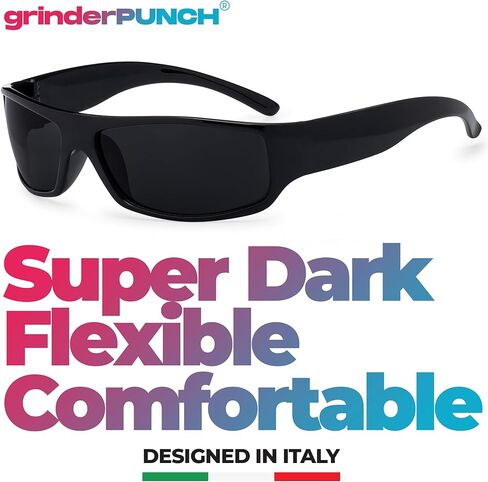 grinderPUNCH Mens Black Super Dark Sunglasses - Slim Wrap Around Gangster Style in Saudi Arabia