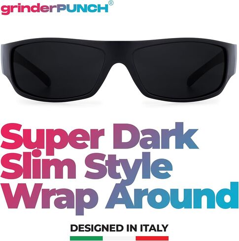 grinderPUNCH Mens Black Super Dark Sunglasses - Slim Wrap Around Gangster Style in Saudi Arabia