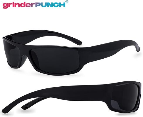 grinderPUNCH Mens Black Super Dark Sunglasses - Slim Wrap Around Gangster Style in Saudi Arabia
