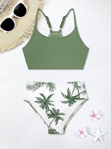 SHEKINI Girls 3 Piece Printed Swimsuit High Waist Bikini Set with Cover Up Pants in Saudi Arabia