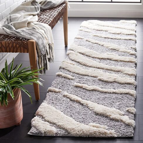 Safavieh Hi-Lo Shag Collection Runner Rug-2'2 "x 8 '، Gray & Light Beige ، التصميم التجريدي ، غير محدد ، سهلة ، سميكة 1.6 بوصة مثالية للمناطق المرتفعة في غرفة المعيشة ، غرفة نوم (HLS204F) in Saudi Arabia