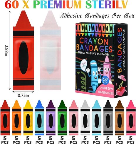 Geiserailie 60 Pcs Kids Crayon Bandages with Gift Box Back to School Supplies Self Adhesive Crayon Bandages for Minor Cuts Scrapes Fun First Aid Kit First Day of School Classroom Party Gift in Saudi Arabia