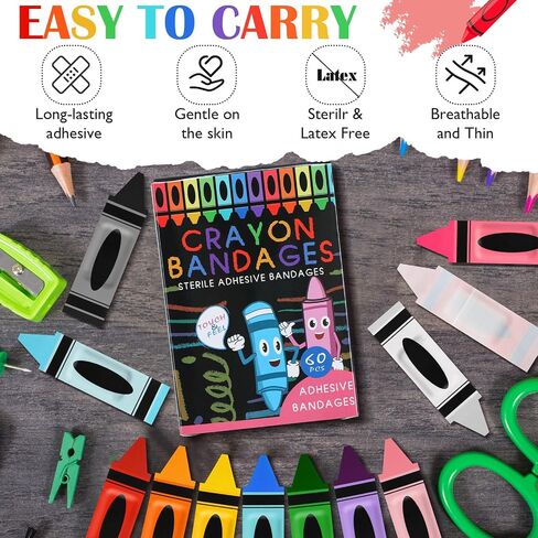 Geiserailie 60 Pcs Kids Crayon Bandages with Gift Box Back to School Supplies Self Adhesive Crayon Bandages for Minor Cuts Scrapes Fun First Aid Kit First Day of School Classroom Party Gift in Saudi Arabia