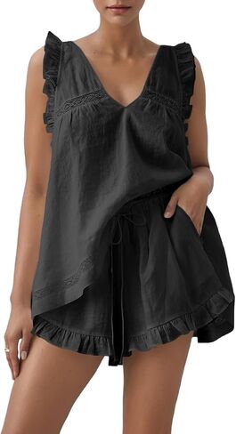Womens Ruffle Short Sets 2 Piece Outfits Summer Sleeveless Top and Shorts Fashion Oversized Pajamas Set in Kuwait