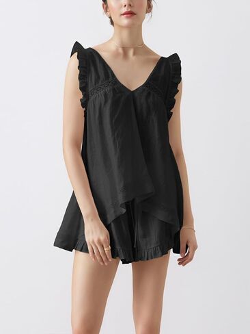 Womens Ruffle Short Sets 2 Piece Outfits Summer Sleeveless Top and Shorts Fashion Oversized Pajamas Set in Kuwait