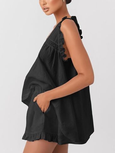 Womens Ruffle Short Sets 2 Piece Outfits Summer Sleeveless Top and Shorts Fashion Oversized Pajamas Set in Kuwait