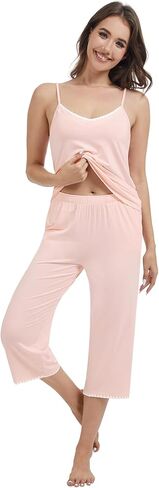 WiWi Womens Cami Pajama Sets 2 Piece Camisole Top Capri Pants Sleepwear Soft Lingerie Bamboo Viscose PJs S-XXL in Saudi Arabia