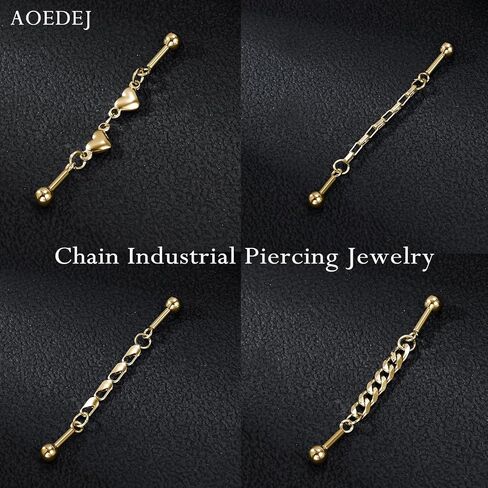 AOEDEJ 4Pcs 14G industrial piercing jewelry chain Gold industrials barbell 316L Surgical Steel Hypoallergenic Cartilage Helix Studs Earrings for Women Men in Saudi Arabia