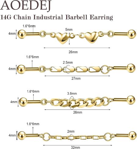 AOEDEJ 4Pcs 14G industrial piercing jewelry chain Gold industrials barbell 316L Surgical Steel Hypoallergenic Cartilage Helix Studs Earrings for Women Men in Saudi Arabia