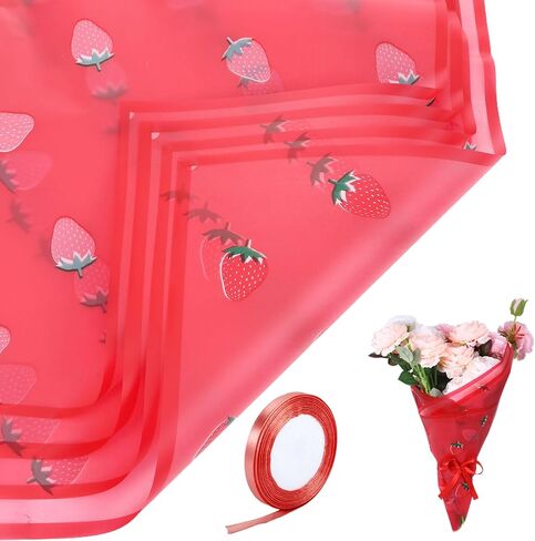20 ورقة ورق تغليف الزهور، ورق تغليف باقة زهور الفراولة غير اللامعة مع شريط، ورق تغليف الزهور الوردي للباقات، ورق تغليف الهدايا لعيد ميلاد فتاة الزفاف والتخرج in Kuwait