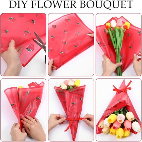 20 ورقة ورق تغليف الزهور، ورق تغليف باقة زهور الفراولة غير اللامعة مع شريط، ورق تغليف الزهور الوردي للباقات، ورق تغليف الهدايا لعيد ميلاد فتاة الزفاف والتخرج in Kuwait