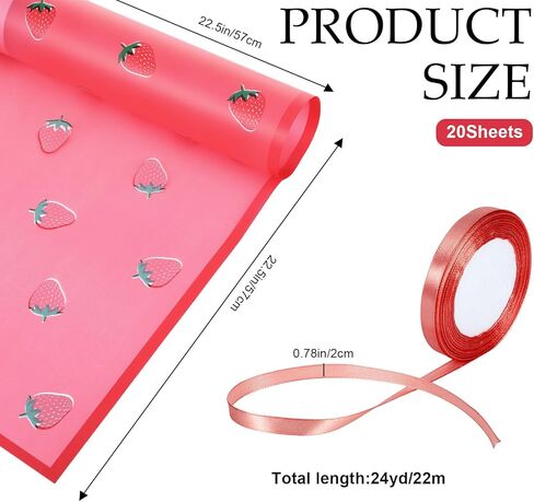 20 ورقة ورق تغليف الزهور، ورق تغليف باقة زهور الفراولة غير اللامعة مع شريط، ورق تغليف الزهور الوردي للباقات، ورق تغليف الهدايا لعيد ميلاد فتاة الزفاف والتخرج in Kuwait