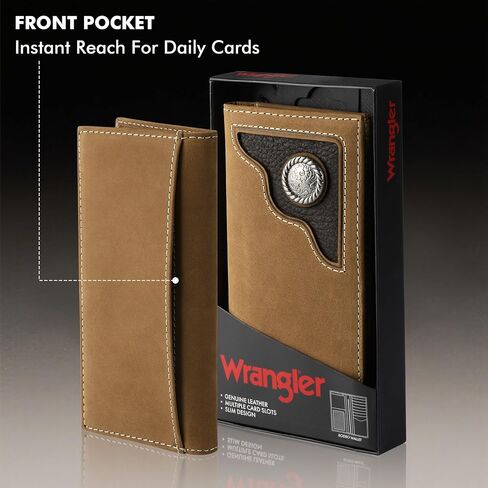 Wrangler Slim Genuine Leather Bifold Wallet for Men - Long Card Holder Wallets | Durable Mens Western Wallets with Extra Capacity & Gift Ready in Saudi Arabia
