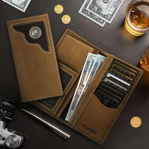 Wrangler Slim Genuine Leather Bifold Wallet for Men - Long Card Holder Wallets | Durable Mens Western Wallets with Extra Capacity & Gift Ready in Saudi Arabia
