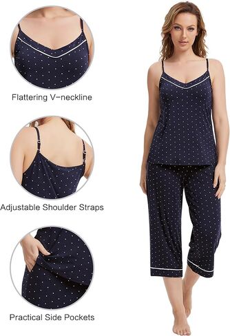 WiWi Womens Cami Pajama Sets 2 Piece Camisole Top Capri Pants Sleepwear Soft Lingerie Bamboo Viscose PJs S-XXL in Saudi Arabia