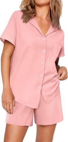 Ekouaer Womens Ribbed Knit Pajama Set Short Sleeve Soft Comfy Pj Set 2 Piece Lounge Set with Pockets Sleepwear S-XXL in Saudi Arabia