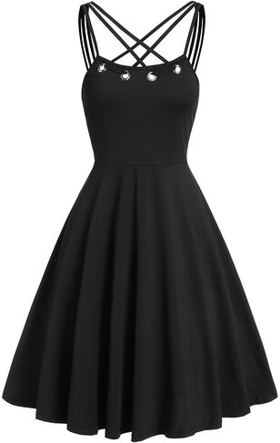 DRESSFO Women's Gothic Dress Punk Spaghetti Strap Dress Retro Empire Waist Dress Vintage Lace Up 1950s Dresses in Saudi Arabia