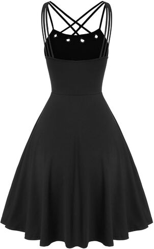 DRESSFO Women's Gothic Dress Punk Spaghetti Strap Dress Retro Empire Waist Dress Vintage Lace Up 1950s Dresses in Saudi Arabia