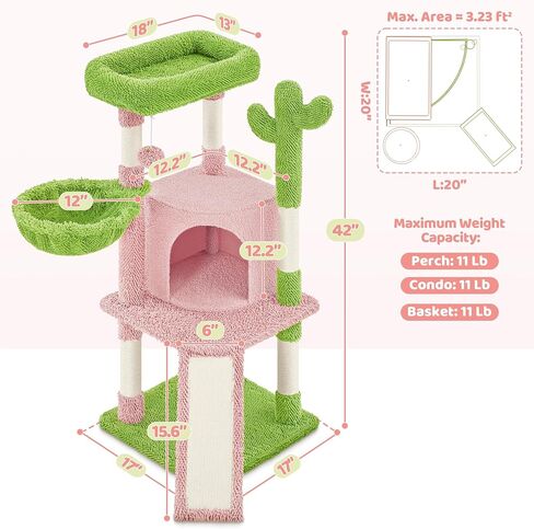 Yaheetech Cactus Cat Tree, 42in Cat Tower for Indoor Cats, Multi Level Cat Condo Scratching Post, Cat Activity Center Pet Furniture w/Ball, Plush Perch, Platform, Basket in Kuwait