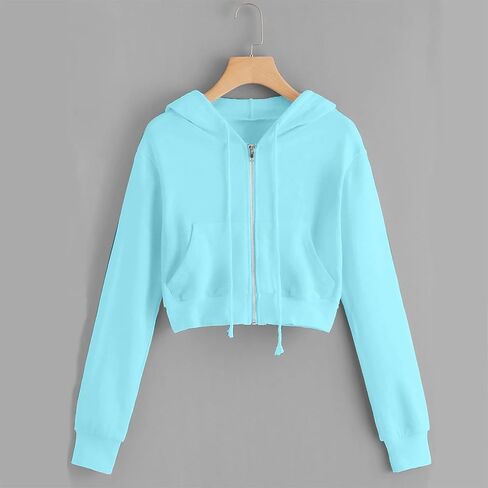 Cropped Zip Up Hoodie Women Long Sleeve Sweatshirt Casual Hooded Workout Jacket Teen girls Y2k Crop Tops Fall Outfits in Saudi Arabia