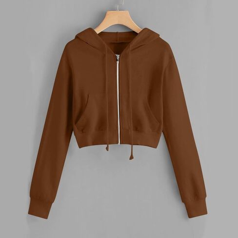 Cropped Zip Up Hoodie Women Long Sleeve Sweatshirt Casual Hooded Workout Jacket Teen girls Y2k Crop Tops Fall Outfits in Saudi Arabia