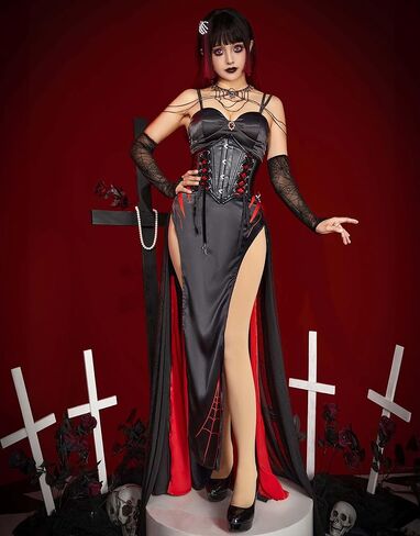 miccostumes Women's Costume Vampire Spider Cosplay Dark Gothic High Slit Dress Sleeves with Necklace in Saudi Arabia