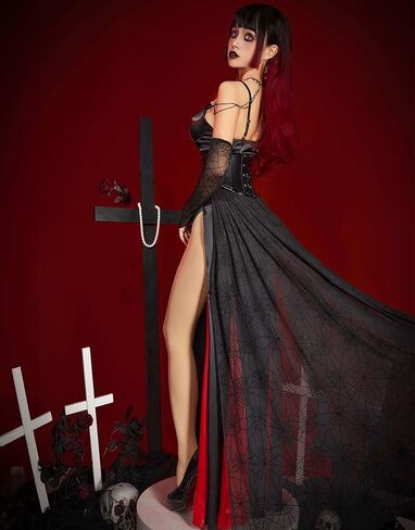 miccostumes Women's Costume Vampire Spider Cosplay Dark Gothic High Slit Dress Sleeves with Necklace in Saudi Arabia