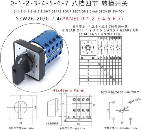 1pcs SZW26/LW26-20/0-7.4 20A 4 Pole 16 Screw Terminals 8 Position 64X64 48X48 mm Panel Changeover Rotary Cam Universal Switch(0-7.4 48X48mm) in Saudi Arabia