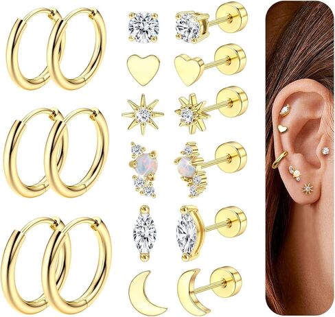 YADOCA Hypoallergenic Flat Back Stud Earrings for Women Trendy Surgical Stainless Steel Earrings for Sensitive Ears 14K Gold Plated Cartilage Earring Sets for Multiple Piercing Small Flatback Stud Earrings Hoop in Saudi Arabia