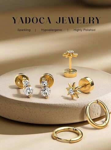 YADOCA Hypoallergenic Flat Back Stud Earrings for Women Trendy Surgical Stainless Steel Earrings for Sensitive Ears 14K Gold Plated Cartilage Earring Sets for Multiple Piercing Small Flatback Stud Earrings Hoop in Saudi Arabia