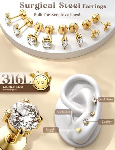 YADOCA Hypoallergenic Flat Back Stud Earrings for Women Trendy Surgical Stainless Steel Earrings for Sensitive Ears 14K Gold Plated Cartilage Earring Sets for Multiple Piercing Small Flatback Stud Earrings Hoop in Saudi Arabia