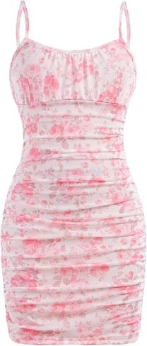 Floerns Girl's Floral Print Spaghetti Strap Bodycon Dress Mesh Ruched Cami Mini Dress in Saudi Arabia
