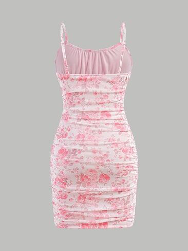 Floerns Girl's Floral Print Spaghetti Strap Bodycon Dress Mesh Ruched Cami Mini Dress in Saudi Arabia