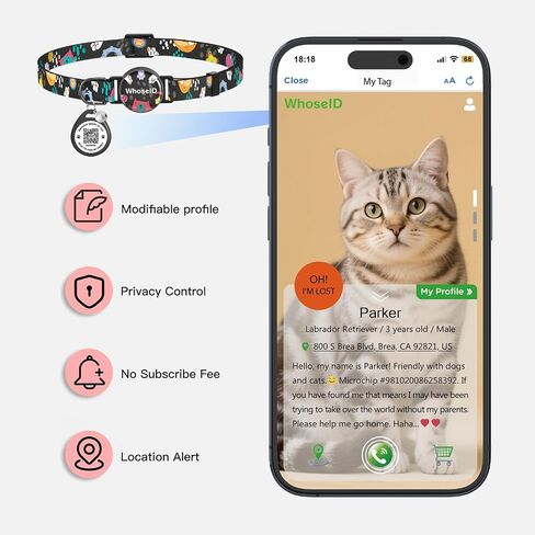 Cat Collar with Bells, Cat Collar with Breakaway Safety Buckle, 0.4 Inches Width Lightweight Adjustable Cat Collar, QR Code Cat Tag, Cat Collar with Cat ID Tag (Black, Cat Paw) in Kuwait